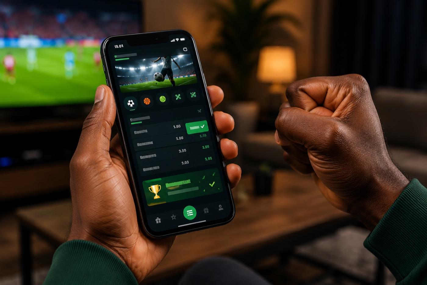 Hands holding a phone showing a clean betting app with a football match on the TV behind, like Betway's beginner-friendly app