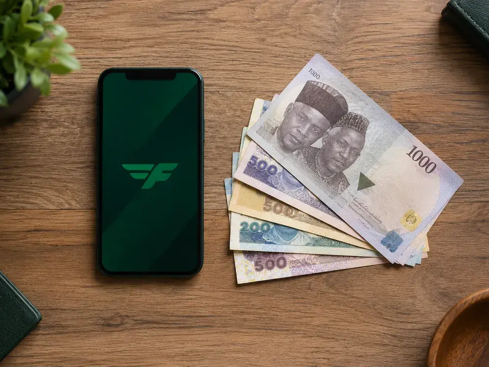 The FlyingWager app open on a phone beside fanned Nigerian Naira notes, showing a withdrawal landing in a mobile wallet