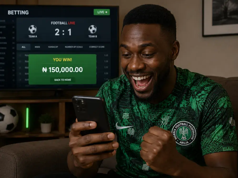 Nigerian bettor in a Super Eagles jersey celebrating a ₦150,000 bonus payout shown on screen