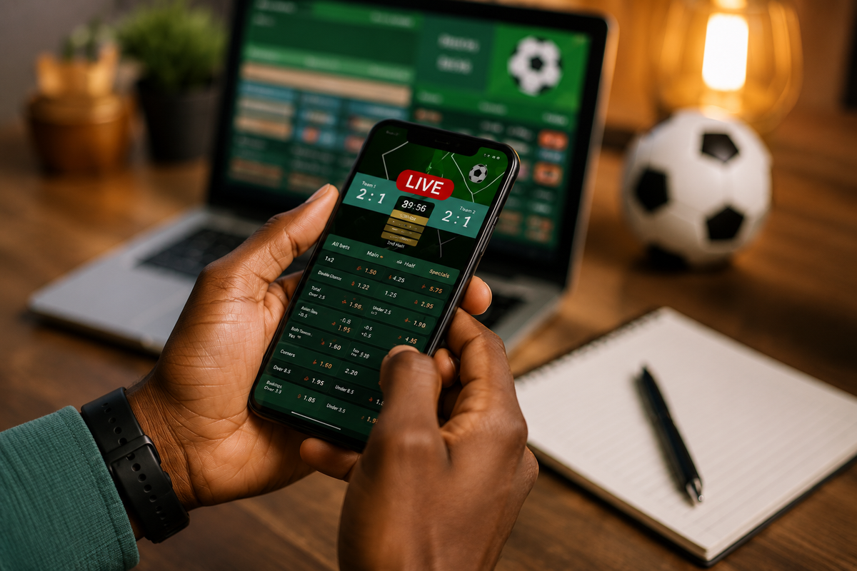 A Nigerian bettor placing a live football bet on a phone, with the same match open on a laptop behind it
