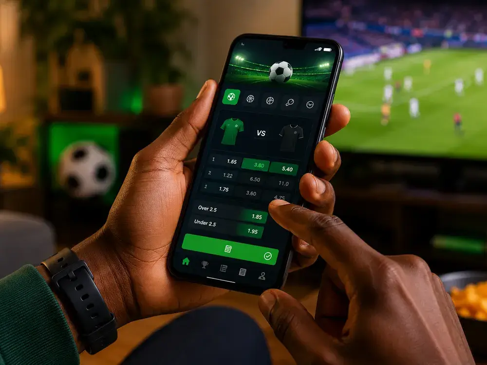 Nigerian bettor placing a football bet on a betting app over 4G in Lagos