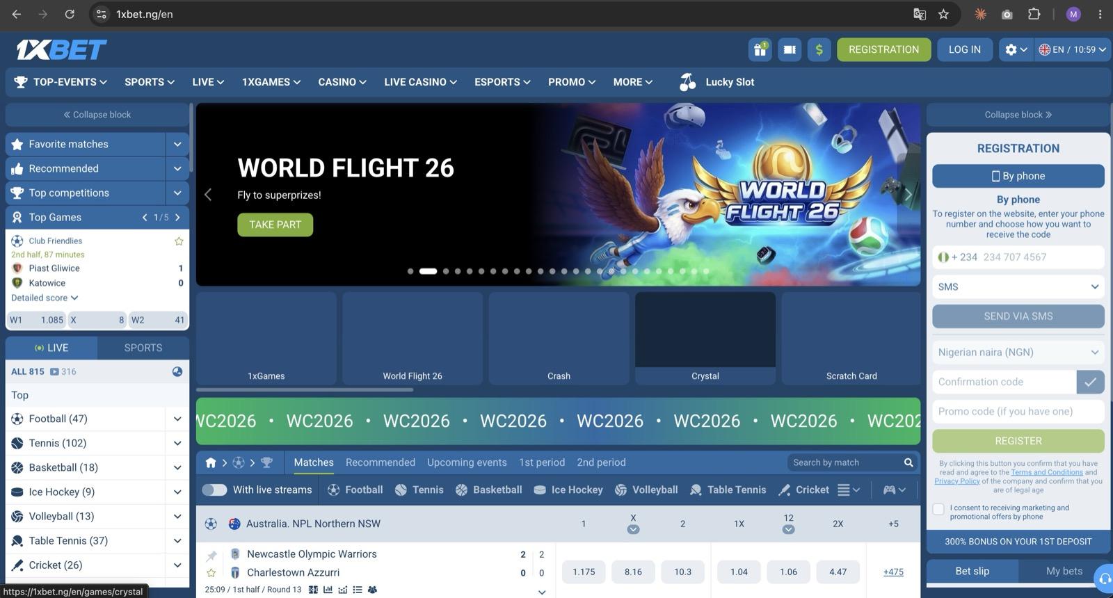 1xBet Nigeria homepage at 1xbet.ng with the green Registration button and the By phone panel