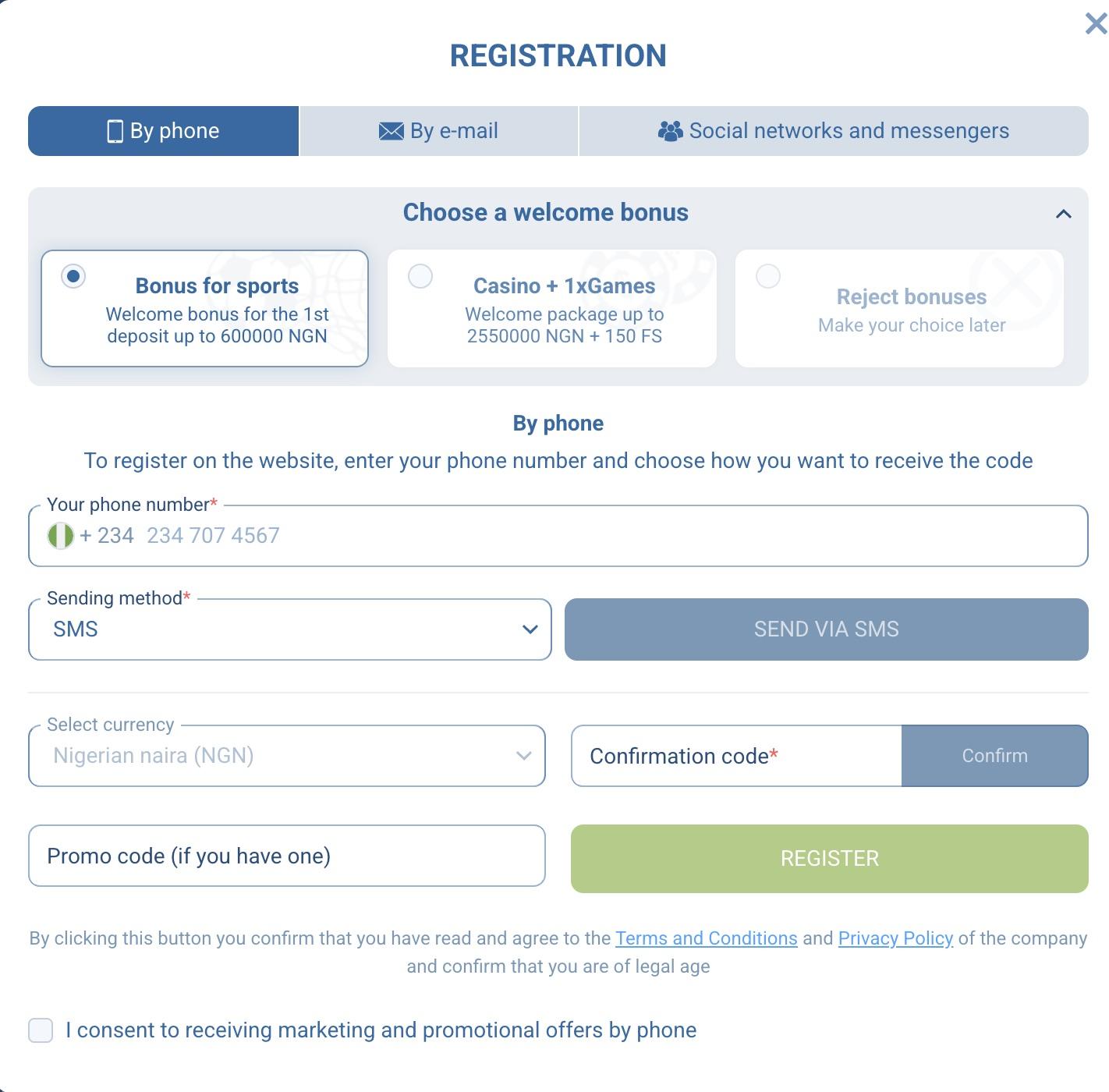 1xBet registration window on the By phone tab showing the welcome-bonus choice and phone-number field