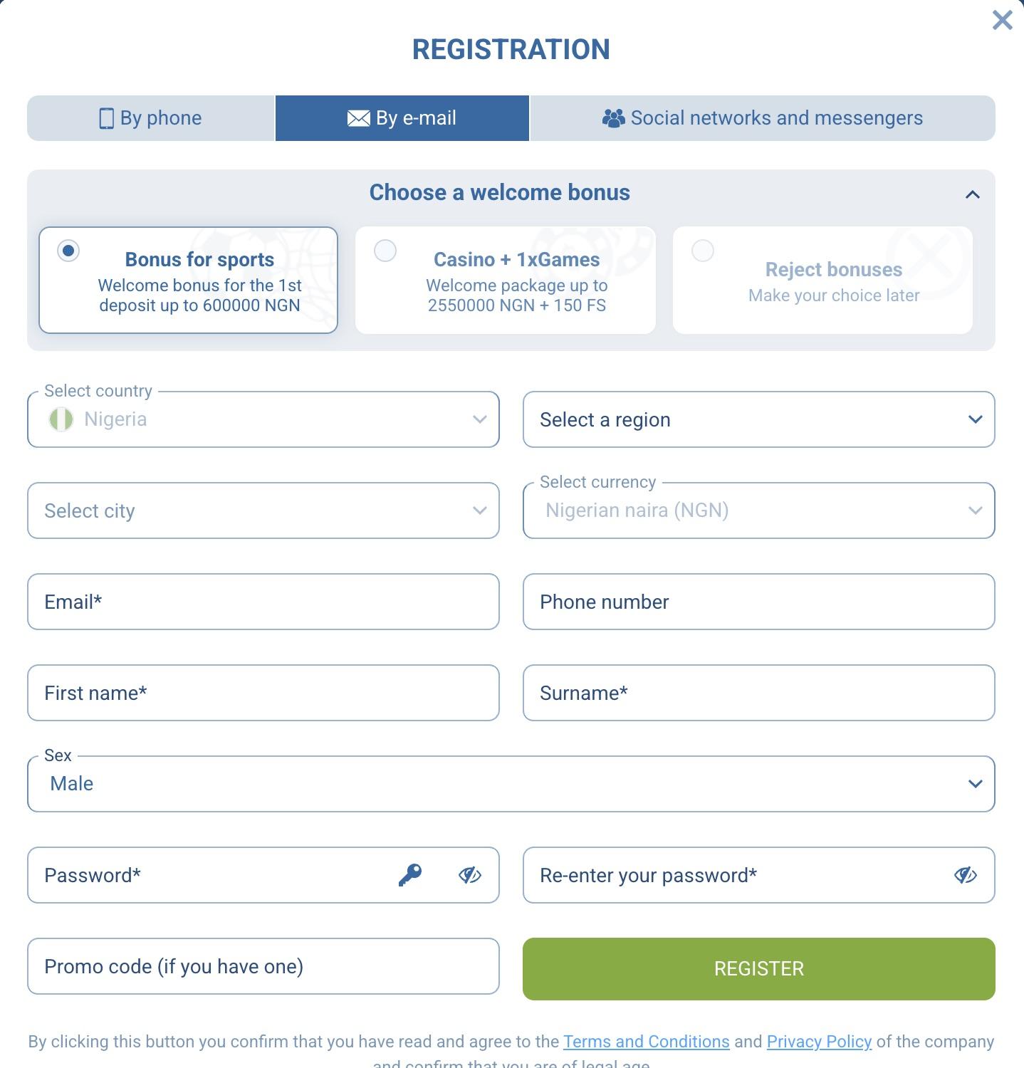 1xBet registration window on the By e-mail tab with country, city, email, name and password fields
