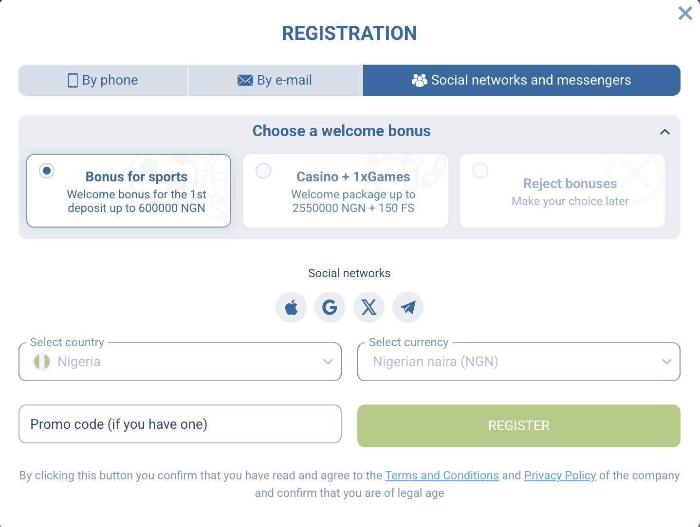 1xBet registration window on the Social networks and messengers tab with Apple, Google, X and Telegram options