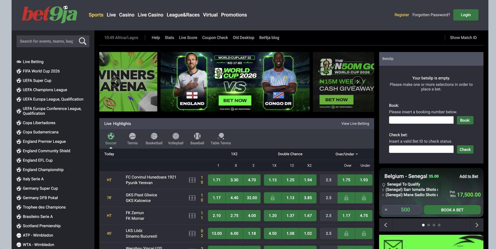 Bet9ja Nigeria homepage with the Register link in the top-right corner