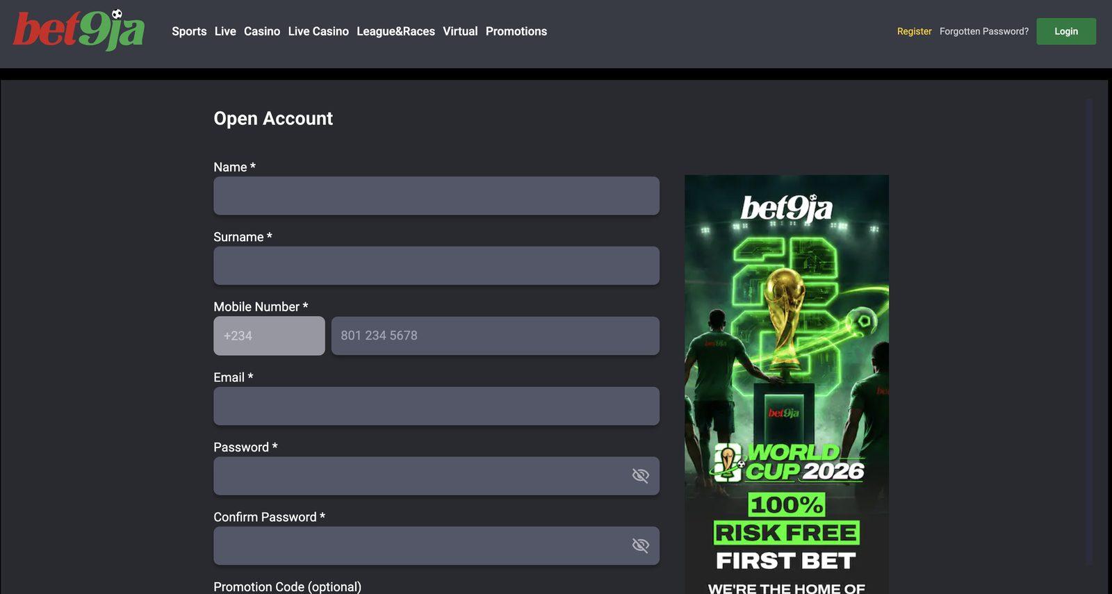 Bet9ja Open Account form showing the Name, Surname, Mobile Number, Email, Password and Promotion Code fields