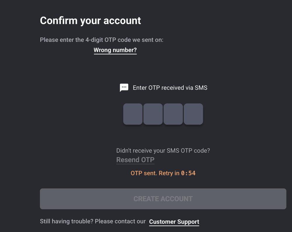 Bet9ja Confirm your account screen with the four 4-digit SMS OTP entry boxes