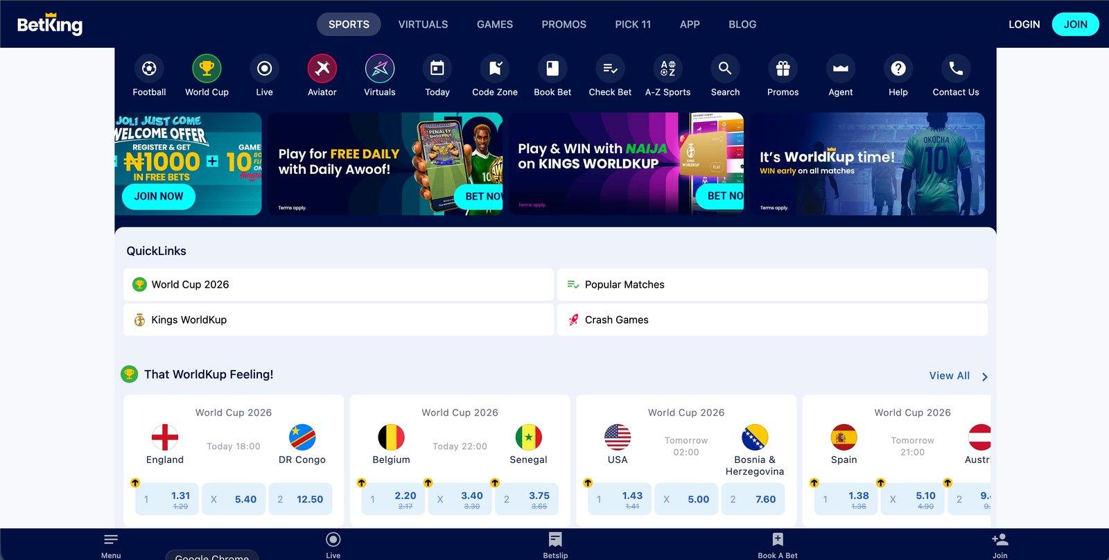 BetKing Nigeria site with the JOIN button in the top-right corner and the welcome-offer banner