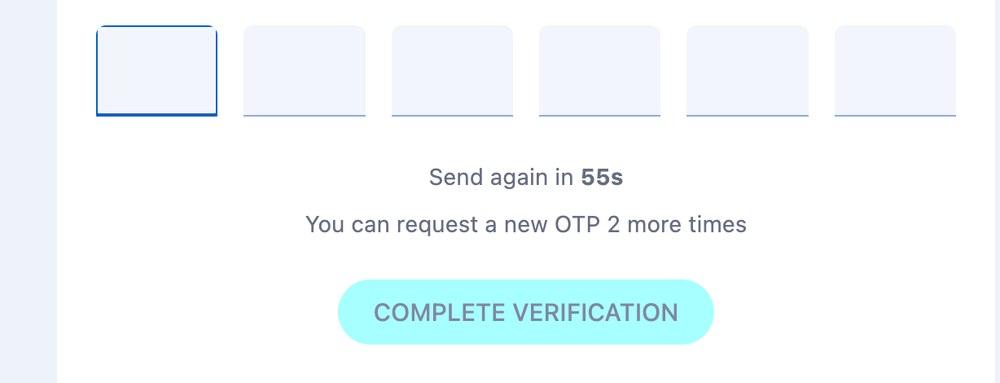 BetKing verification screen with six code boxes, a 55-second resend timer, a two-retries note and the COMPLETE VERIFICATION button