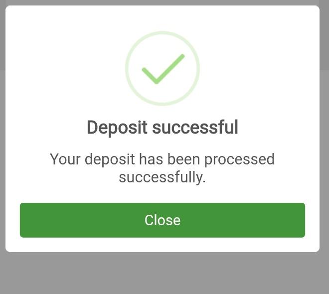Betway 'Deposit successful' confirmation modal