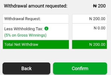 Betway withdrawal summary: ₦200 requested, 5% withholding tax ₦0, net ₦200