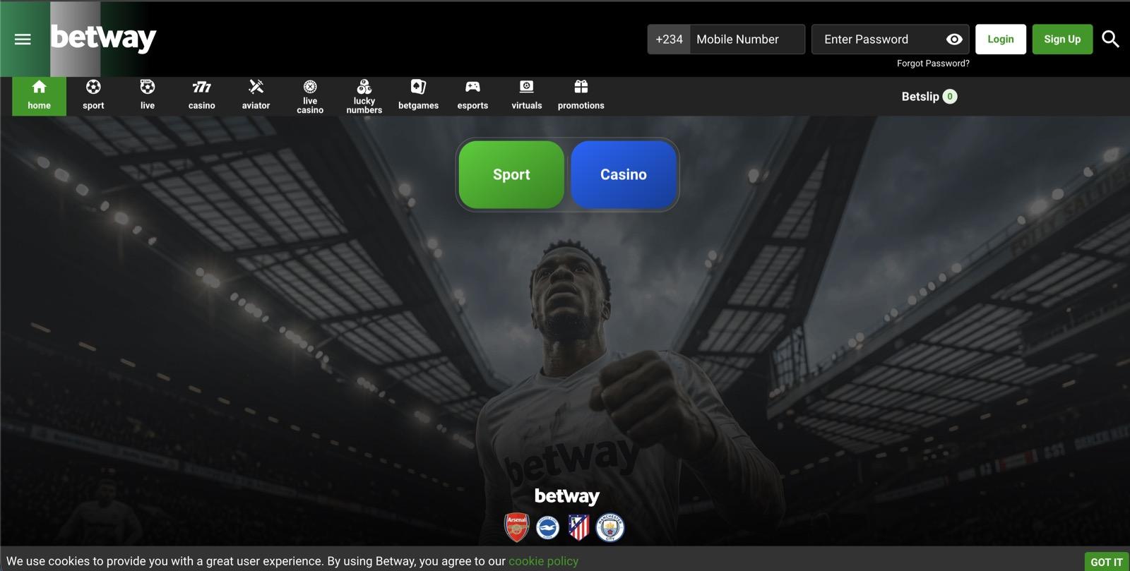 Betway Nigeria home page with the Sign Up button in the top-right corner, a +234 mobile-number and Enter Password field in the header, and Sport/Casino quick-start tiles