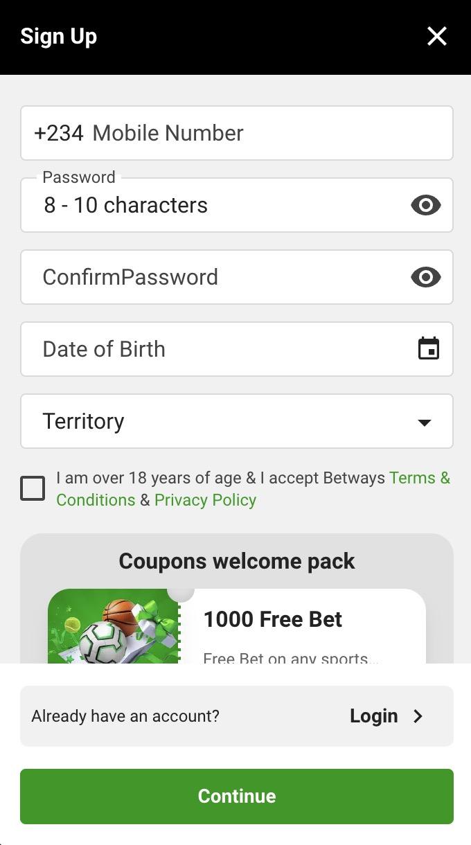 Betway sign-up form: the +234 mobile-number field, a password field labelled 8 - 10 characters, a Confirm Password field, Date of Birth, a Territory dropdown, the 18+/Terms checkbox and a 1000 Free Bet welcome coupon