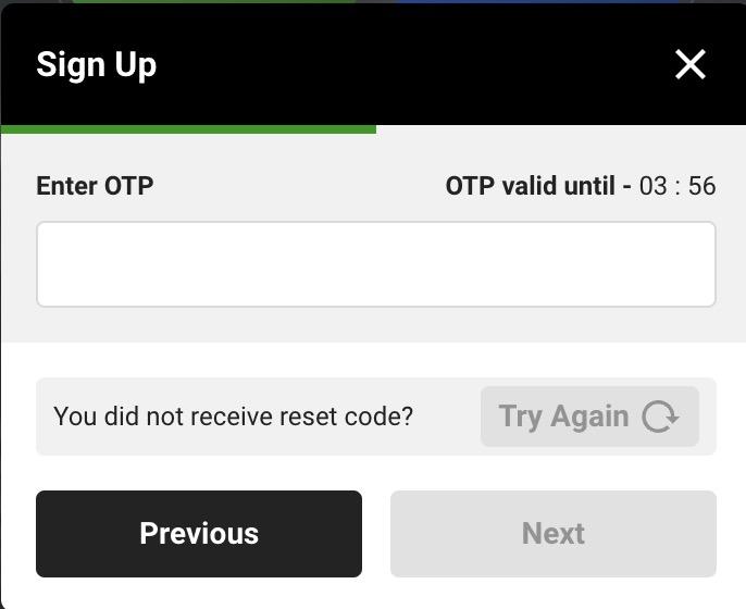 Betway OTP screen with an empty one-time-code box, an "OTP valid until - 03:56" countdown, a Try Again resend button, and Previous and Next buttons