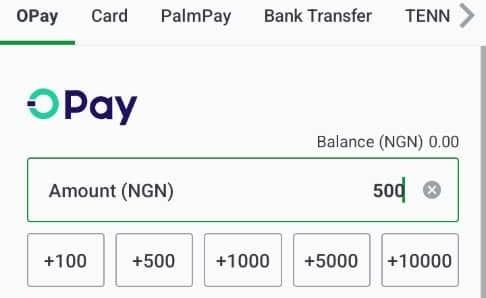 SportyBet deposit screen, OPay tab selected, ₦500 entered