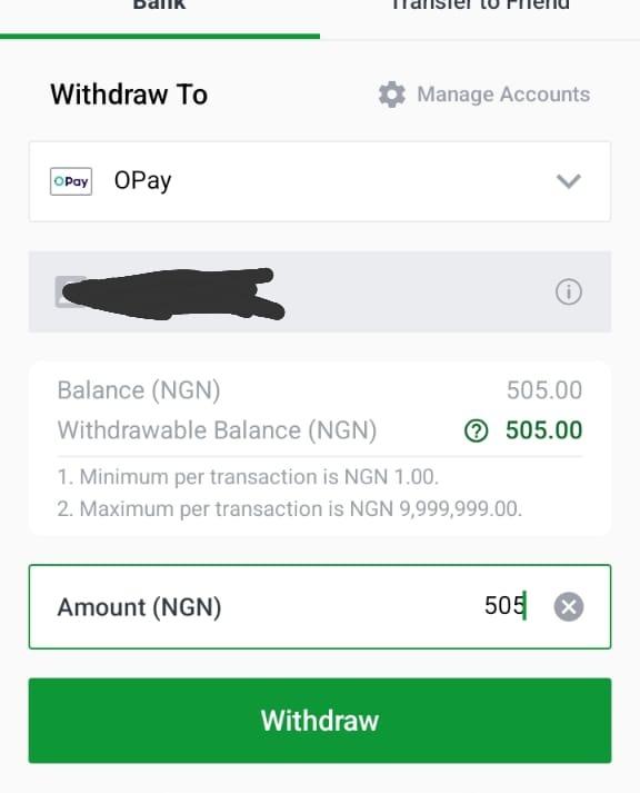 SportyBet withdrawal form, OPay selected, ₦505, ₦0 fee