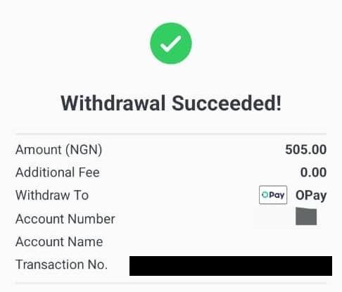 SportyBet confirmation that the ₦505 withdrawal succeeded with no fee