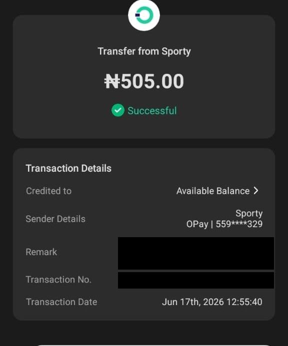 OPay receipt: Transfer from Sporty, ₦505, marked Successful, 17 June 2026 12:55:40