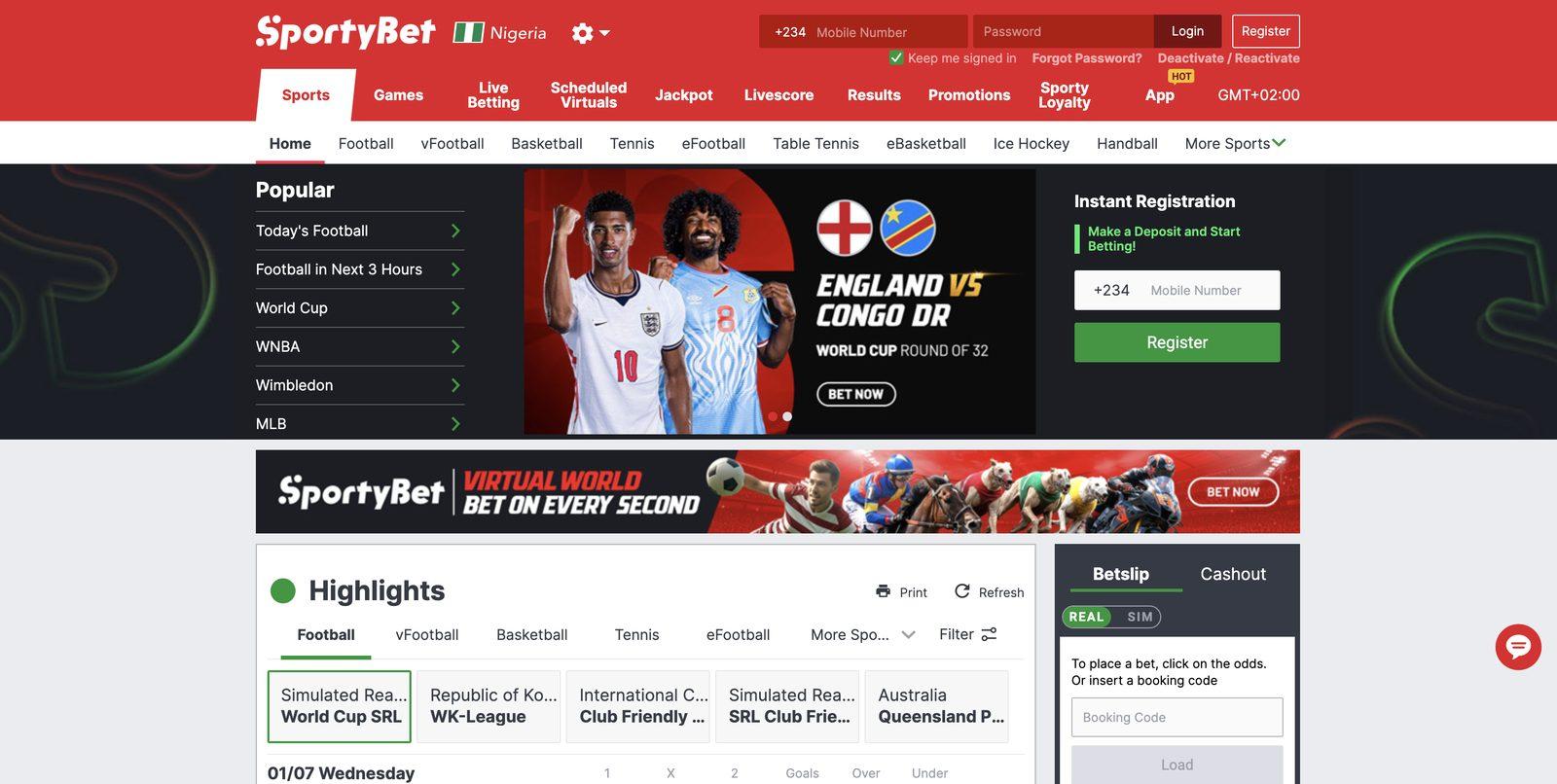 SportyBet Nigeria homepage with the Instant Registration box and a mobile number field