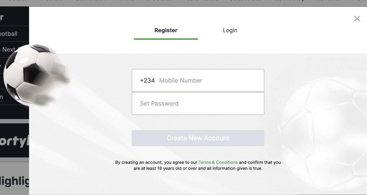 SportyBet Register form with a mobile number field, a Set Password field and the Create New Account button