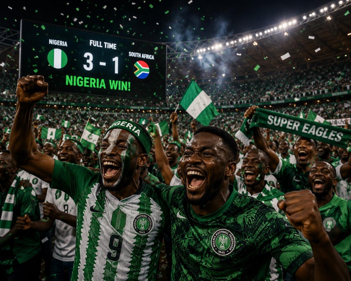 Super Eagles supporters celebrating a Nigeria win in the stands, reflecting 1xBet's huge event coverage