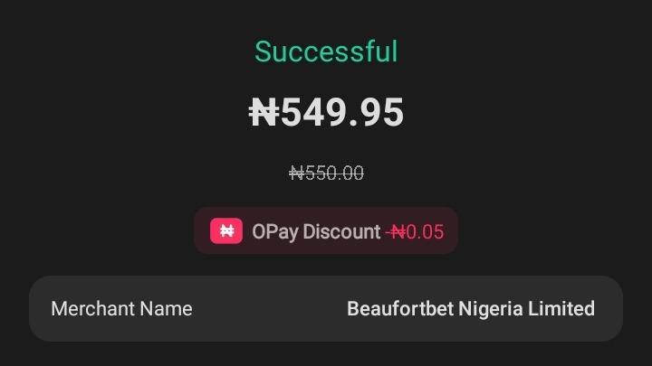 OPay confirming ₦549.95 paid to Beaufortbet Nigeria Limited after a ₦0.05 discount