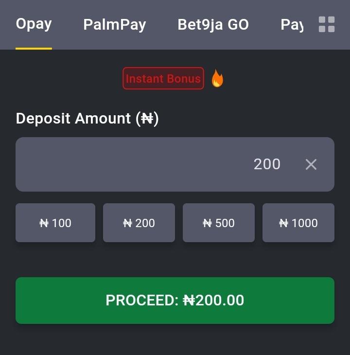 Bet9ja deposit screen, OPay tab selected, ₦200 entered