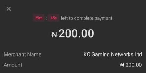 OPay checkout showing merchant KC Gaming Networks Ltd and a ₦200 charge