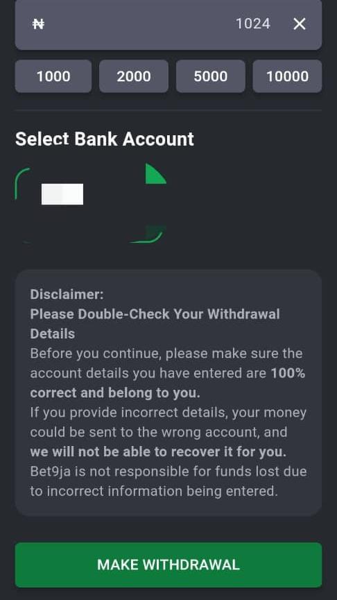 Bet9ja withdrawal amount screen with ₦1,024 entered
