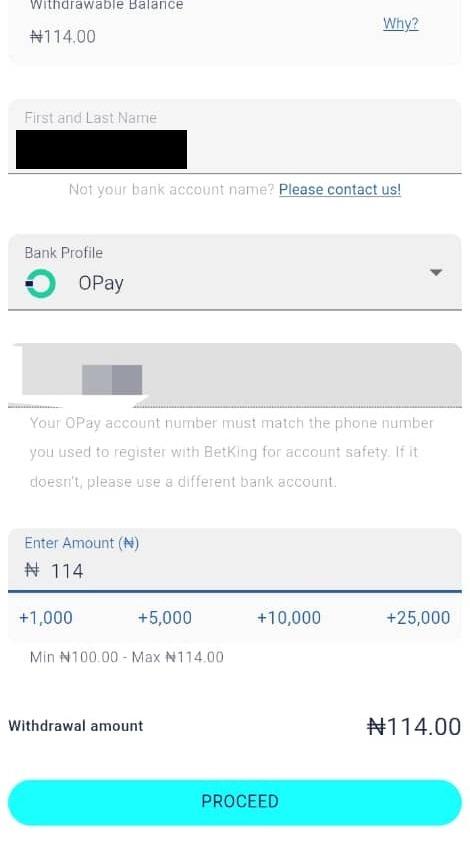 BetKing withdrawal form with OPay selected and ₦114 entered